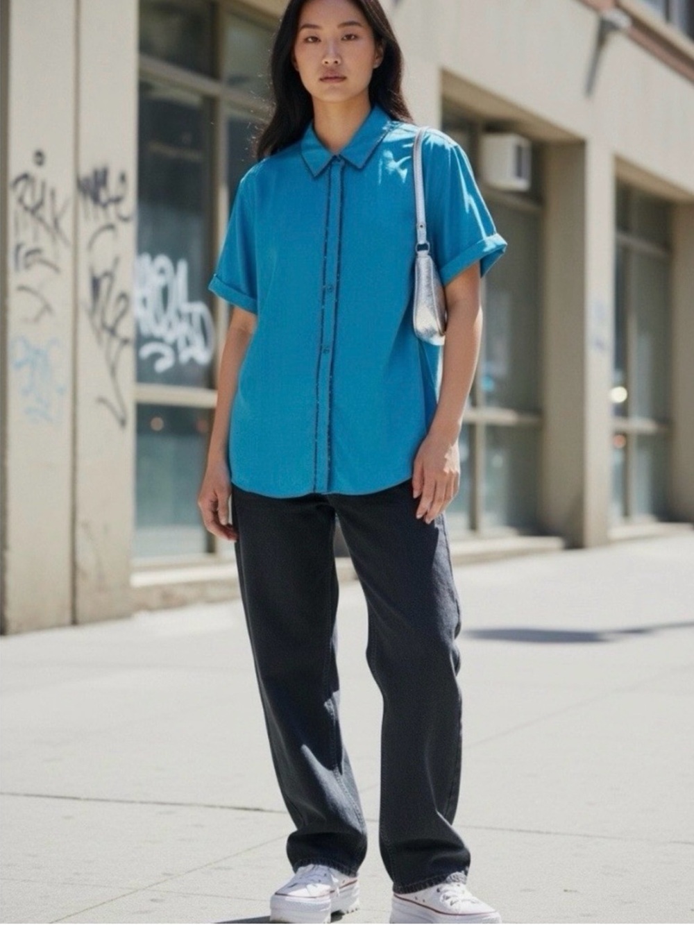 Wildfang Teal Button-Up Shirt with Contrast Trim